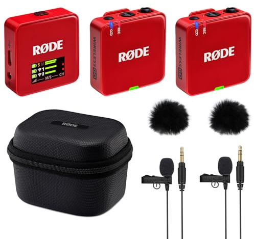 Rode Wireless GO Gen 3 - Sistema wireless per microfono a 2 canali, rosso con custodia di ricarica + 2 microfono Lavalier GO e 2 paravento in pelliccia