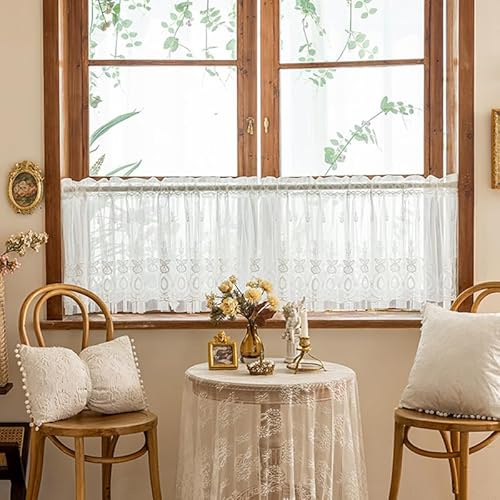 Jeeman Romantische Spitze Kurze Vorhänge Mit Blumen Stickerei Elegante Halbtransparente Doppelschicht Kurzgardine Idyllische Fenstergardine Bistro Gardine Weiß HxB 50x200cm 1 Stück
