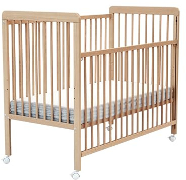 AT4 WEBABY - Babybett Holz mit Rollen 60x120 Essentiel Buche lackiert| Kinderbett|Mit Verstellbarer Lattenrost 3 Stufen |4 multidirektionale Räder mit Bremse |