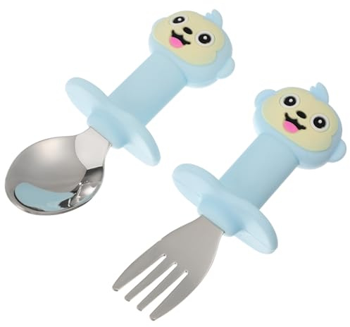 Milisten Training Gabel Löffel Satz Kleinkinder Silikon Edelstahl Kurzer Griff Affen Design Füttergeschirr Sicher Für Babys