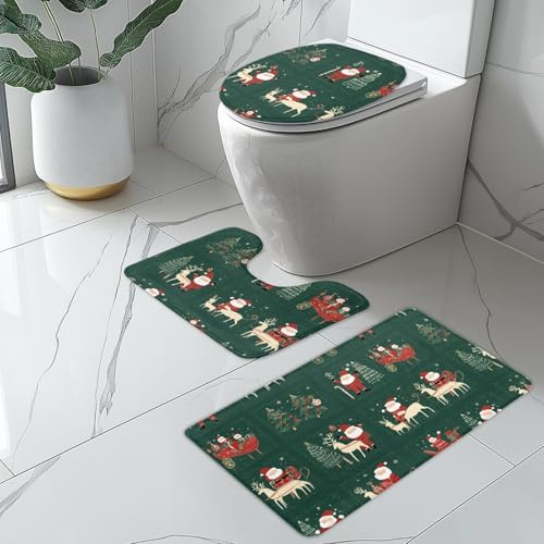 Badezimmerteppich Set 3 Teilig Dunkelgrüne Weihnachten WC Teppich Schnell Trocknend Badvorleger rutschfest Badgarnitur 3 Teilig Stand WC Waschbar Bad Teppiche Set Dekoration 50x80 cm