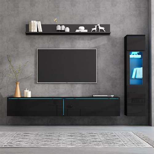 Wiuzo TV Wohnwand Set 3-teilig LED Beleuchtung Hochglanz Schwarz Wohnzimmer Möbel Set Frontale Wohnwand Schwarz 1 x TV Schrank, 1 x Wohnzimmer Vitrine, 1 x Hängeregal, TV bis 80'