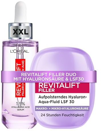 Revitalift Filler XL Gesichtsserum und Hyaluron Aqua-Fluid LSF30, aufpolsternds Serum und schützendes und hydratisierendes LSF-Fluid, Duo für geglättete Linien und Schutz, L'Oréal Paris