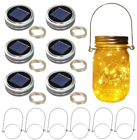 RNPKZ Solar Mason Jar Light, 6Pcs Mason Jar Lid with 3M 30 LED String Lights & 6 Hanger, 7CM Solar Light Replacement Top, Solar Lantern Light Lamp Lid for Watering Can Lights Mason Jar Garden Lanterns