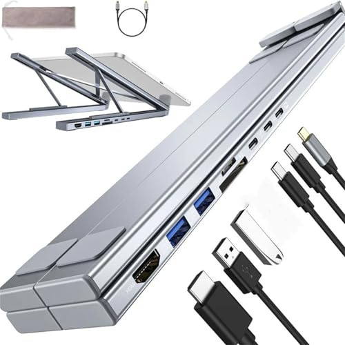 USB-C Docking Station Laptop Stand with 4K HDMI, 8-in-1 USB-C Laptop Stand, Folding Heat Dissipation Bracket, Multi Port Docking Station for Laptops, Aluminum Alloy Creative Laptops Stand