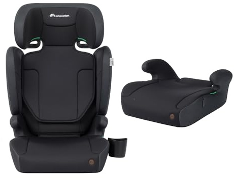 Bebeconfort Ride 2-in-1 i-Safe Kindersitz, 3,5-12 Jahre (100-150 cm), Kindersitz mit Gurt, Abnehmbare Rückenlehne, Leicht (3,4 kg), 11 Kopfstützpositionen, Becherhalter, Full Black