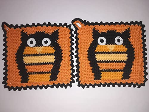 Storchenlädchen 1 Paar Topflappen Eule, apricot, gehäkelt Handarbeit Vogel Vögel Waldtier Eulen