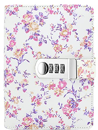 NectaRoy PU Leather Refillable Password Notebook Writing Journal Diary with Combination Lock, Flora Pattern Loose-Leaf Lined Daily Notepad Personal Sketchbook with Card Slots, Size 185x135mm