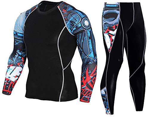 Men's Workout Set Compression Shirt and Pants Top Long Sleeve Sports Tight Base Layer Suit Quick Dry & Moisture-Wicking Red&Blue L