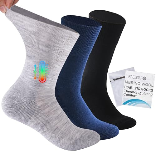 Facool Diabetic Socks for Men Women, Merino Wool Non-Binding Top Crew Socks with Cushion Sole, Seamless Toe 3 Pairs