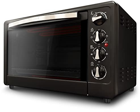 Grunkel - HR-48RMRUSTI - Horno eléctrico multifunción de sobremesa de 48l con 3 funciones de calor y selector de temperatura hasta 230ºC. Incluye rustidora y temporizador hasta 60 min - 2200W - Negro
