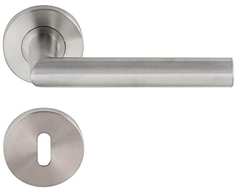 Aperit Türgriff: Edelstahl Türklinke Paar mit Buntbart Rosette - Rund - Matt - Drückergarnitur für Innentüren - T-Modell - 49.203.02 - EN1906 Klasse