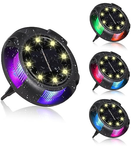COLORLAM 4PCS Solar Path Lights 8 Warm LEDs + 4 Colorful Side LEDs RGB Solar Ground Lights Floor Lights IP65 Waterproof Auto On and Off Decorations for Outdoor Garden Lawn Pathway Landscape