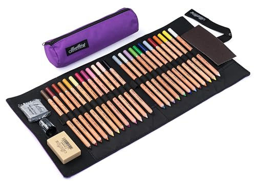 CRETACOLOR Estuche enrollable Fine Art Pastel, 29 piezas, lápices pastel con accesorios, lápices de artista para dibujar, sombrear y degradados, colores altamente pigmentados en estuche lila