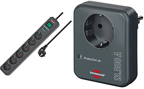 Brennenstuhl Eco-Line regleta de enchufes con 6 Tomas de Corriente y protección contra sobretensiones + Adaptador de Enchufe con protección contra sobretensiones hasta 13.500 A Antracita