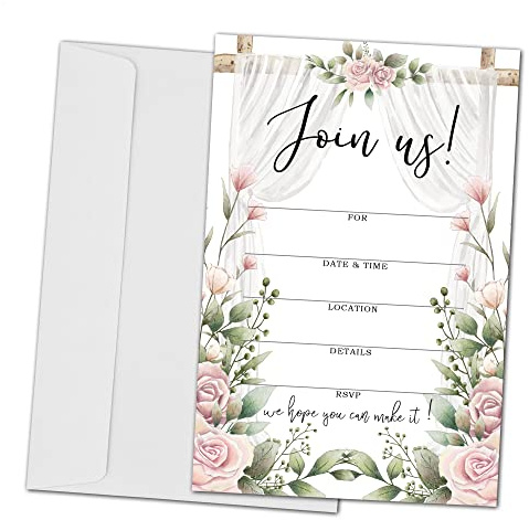 ZEDEV Join Us Invitation Cards - Floral Invite Cards for All Occasions, Wedding, Engagement, Reception, Retirement, Bridal or Baby Shower and Birthday Party - 25 Cards and 25 Envelopes - (joinus-015)
