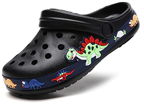 Enfant Sabots Mules Fille Garçon Sandales de Plage Sandales Clog Chaussons Pantoufles de Jardin Été Antidérapant Chaussons Intérieur et Extérieur Dinosaure Noir 25
