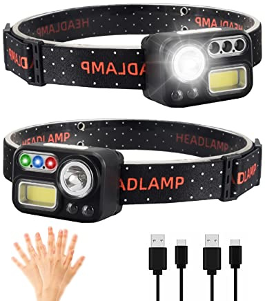 2-Pack 4-in-1 Motion Sensor Headlamp Light 500 Lumen 8 Modes for Fishing | 2-Pack 4-in-1 Rechargeable LED Headlamp 500 Lumen Motion Sensor 8 Modes White Red Blue Green Light for CampingFishing Hunting