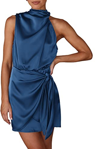 PRETTYGARDEN Women's Short Formal Satin Dress Summer Sleeveless Mock Neck Tie Waist Cocktail Party Dresses (Dark Blue,Small)