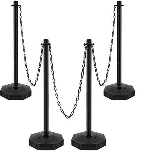 4 Sets Plastic Stanchion Set Traffic Delineator Post Cones with Fillable Base 6.6 ft Plastic Chain and S Hooks Crowd Control Parking Barrier for Traffic Caution Parking Lot Construction Roads (Black)