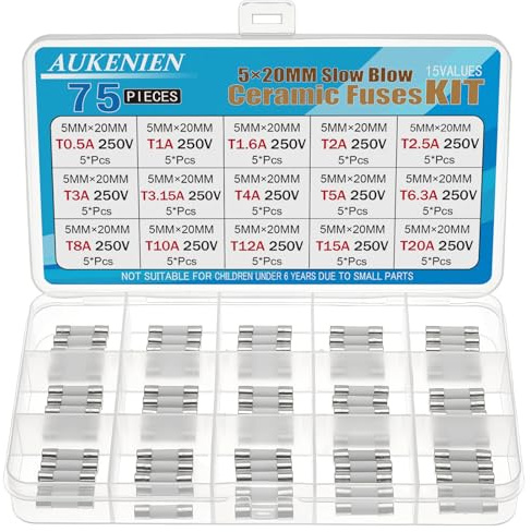 AUKENIEN 5X20MM Fusible Ceramique Fusion Lente Kit 15 Valeurs 0,5A 1A 1,6A 2A 2,5A 3A 3,15A 4A 5A 6,3A 8A 10A 12A 15A 20A 250V 75 Pièces 5X20 MM 250 Volts Fusibles à Tube en Céramique Temporisé