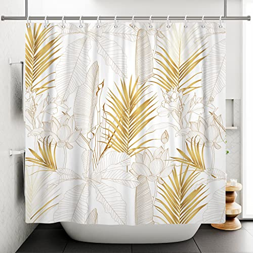 Ttincceer 180x180cm Oro Pianta Foglie Doccia Tenda Astratto Botanico Bohémien Bagno Tenda Banana Palma Foglia Lotus Bagno Arte Tenda Impermeabile Lavabile Vasca da Bagno Tenda
