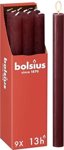 Bolsius Rustic Dinner Candles - Dark Red - Pack of 9 - Long Burning Time of 13 Hours - Interior Decoration - Unscented - Includes Natural Vegan Wax - 27 x 2.3 cm