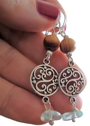 ๑ஐ• HELLBLAUER STEIN & WURZELHOLZ & MANDALA •ஐ๑ einmalige Ohrringe in Naturfarben, silber, hellblau und braun, an selbst hergestellten Ohrhaken