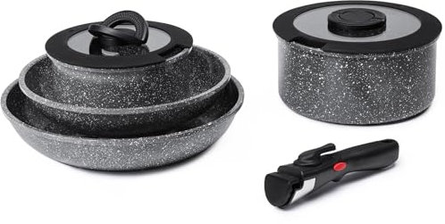 ROSSETTO Set de 7 casserole induction avec poignée amovible et revêtement anti-adhésif en céramique, empilable forged aluminium set de casseroles avec couvercle en verre, poêle à frire, casserole