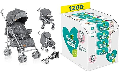 LIONELO Irma Kinderwagen bis 15 kg, Kinderwagen, leichter moderner Kinderwagen mit Liegefunktion & Pampers Sensitive Baby Feuchttücher, 1200 Tücher (15 x 80) Für Empfindliche Babyhaut
