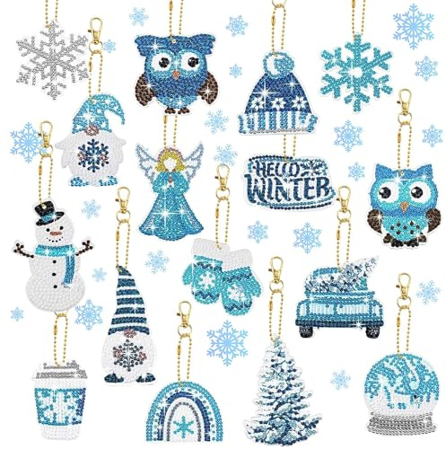 Homgaty Diamond Painting Weihnachten Anhänger, 16 Stück 5D Diamant Painting Schlüsselanhänger Kinder, Doppelseitige DIY Schneeflocken Eule Diamant Malerei Kit für Weihnachtendeko und Geschenk