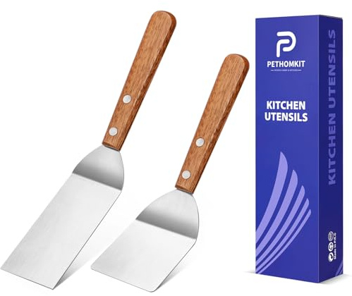 Small Metal Spatula Set,Mini Wooden Spatulas for Kitchen Use,Tiny Griddle Solid Stainless Steel Spatula With Wood Handle for Cake Fish Cookie,Grill Chef Baking Scraper Spatula Turner,2 Pack,Sliver
