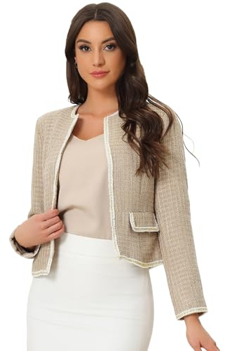 Allegra K Giacca da donna in tweed a quadri, blazer da lavoro e ufficio, a maniche lunghe, con apertura sul davanti, giacca corta, cachi, M