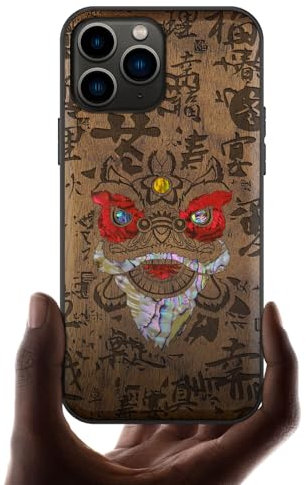 Carveit Etui pour iPhone 11 Pro de Coque [Bois et Incrustation de Coquille] Souple TPU de Téléphone Compatible avec Apple 11 Pro Étui (Noyer-Chinesischer Löwentanz)