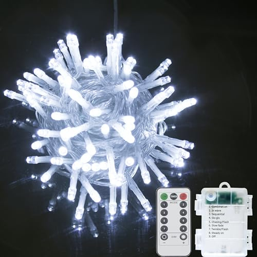 GHJ LED Batterie Lichterkette auf Durchsichtigem Kabel, Fernbedienung Batteriebetriebene Beleuchtung, für Weihnachten Baum Garten Hochzeit Feiertag Party (Weiß, 100LED)