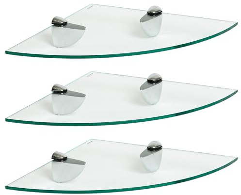 Harbour Housewares Floating Glass Wall Corner Shelves - 30cm - Pack of 3 - Shelving Storage Vanity Display Shelf Unit with Silver Brackets for Bathroom, Shower, Kitchen, Living Room