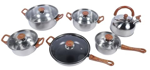JTLB Juego de utensilios de cocina de acero inoxidable multifuncionales de grano de madera, ollas y sartenes con hervidor de agua para uso doméstico