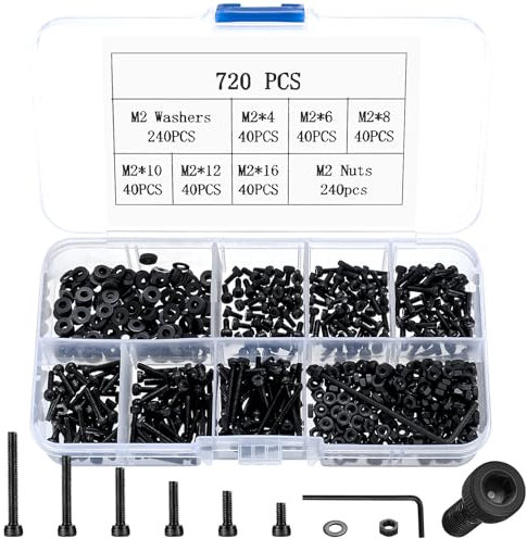 720 Pezzi M2 Kit di Viti e Dadi con Rondelle, Kit Viti a Testa Esagonale Bussola, Bulloni a Brugola, Bulloni a Testa Cilindrica con Esagono Incassato e Dadi, Nere