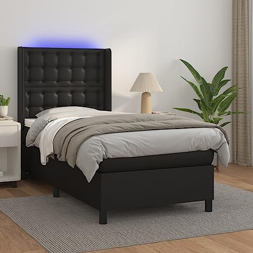 THOYTOUI Boxspringbett, Seniorenbett Bettsystem Bettstütze Bett Geeignet für Schlafzimmer Gästezimmer Aufenthaltsraum Hotel mit Matratze & LED Schwarz 90x200 cm Kunstleder