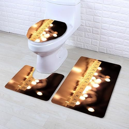Bad Teppiche Set Schwarze Gelbe Weihnachten Badezimmerteppich Waschbar WC Vorleger mit Ausschnitt und WC Deckelbezug 3 Teilig Badematte rutschfest Toilettensitzbezug Badgarnitur 45x75 cm