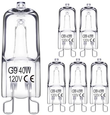EvaStary G9 Halogen Light Bulbs 2 pin 120V 40W, Dimmable Long Lasting T4 JCD Type, G9 Bulb for Chandeliers, Range Hood Light, Bathroom Light Bulbs, Cabinet Lights, Warm White 2800K, 6 Pack