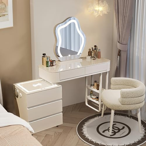 HDMBD Dressing Table with Mirror and Stool, Bedroom Dresser with LED Lights Vanity Table Set Adjustable Brightness Mirror Make-up Vanity with 5 Drawers (Make-up table set