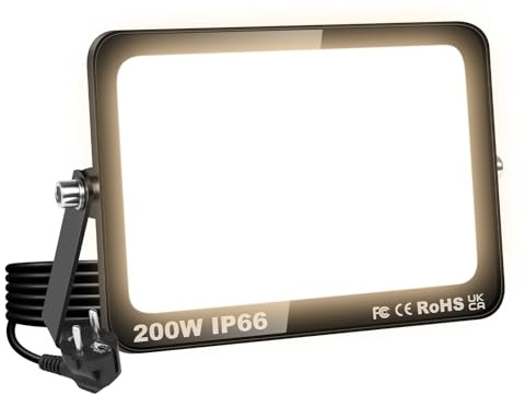 SKYWORLD 200W 20000LM Led Strahler Außen Innen Außenstrahler, EU Stecker | 3000K Warmweiß LED Fluter Außenstrahler, Wasserdicht Scheinwerfer Flutlichtstrahler fur Garten Garage Hof Flur Terrassen