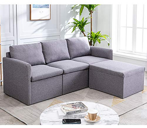 Modernes L-förmiges Stoff-Ecksofa mit Ottomane, 3-Sitzer-Couch, links oder rechts, Chaise für Wohnzimmer (Dunkelgrau)