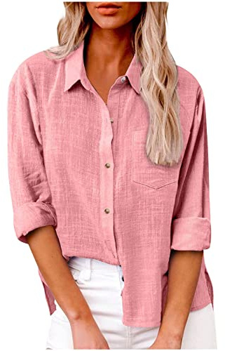 Générique Chemise Lin Femme en Lin de Coton à Manches Longues avec Col Boutonné Couleur Unie Lâche Respirant T-Shirts Grande Taille Pas Décontractée Tunique Blouse avec Poche Rose Blouse M