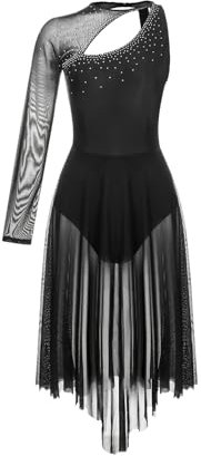 Jazz-Tanzkleid für Damen, Eiskunstlauf-Kostüm, Lyrisches Tango, Latein-Tanz, Performance-Outfit, langärmelig, modernes Ballsaalkleid, Schwarz, XL