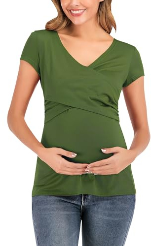 FEOYA Dam amningsskjorta kortärmad amningstopp kors V-hals mammamode topp för amning sommar amning t-shirt S-XXL, Grön, XXL