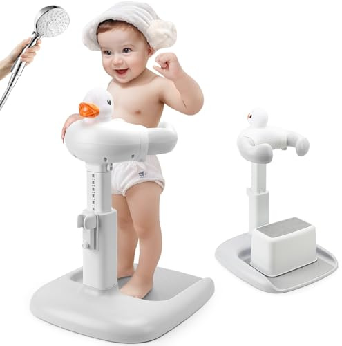 Siège de bain pour bébé sur support de douche : Support à hauteur réglable avec chaise pour enfant de plus de 6 mois (cadeau) - Base antidérapante et jouet canard qui gazouille inclus.