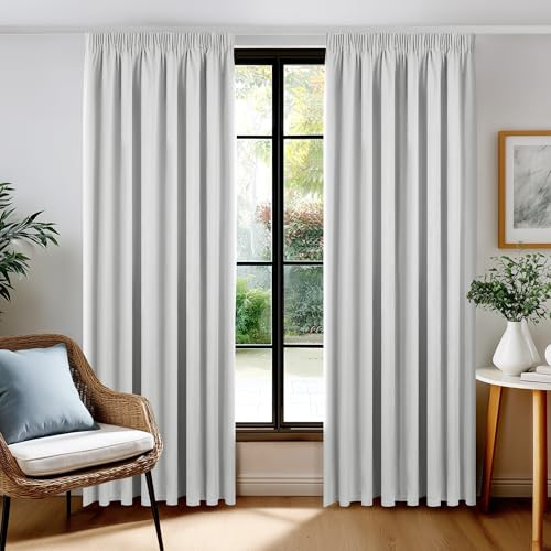 Deconovo Set med 2 100 % mörkläggningsgardiner med rynkad remsa, opacifierande gardiner för vardagsrum, termiska gardiner, 140 L x 245 H cm (2 paneler) grå vit