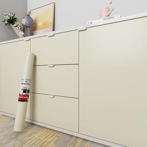 Decotalk Papier Peint Beige Uni Revetement Mural 60X500cm Papier Peint Adhésif Mural Décoratif Étanche Amovible Autocollant Rouleau Film Adhésif pour Meuble Cuisine Salon Armoire Étagère Impermeable